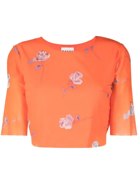GANNI mesh-detail floral-print T-shirt Orange T3371
