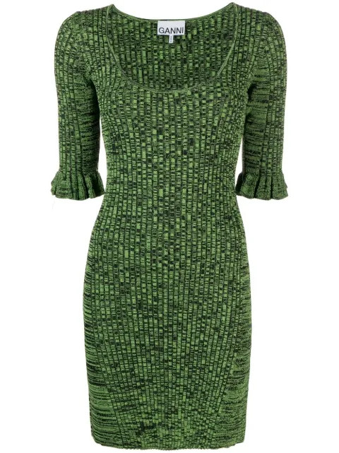 GANNI flounce-sleeve mélange minidress Green K1847