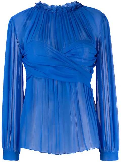 Alberta Ferretti ruched sheer ruffle-neck blouse Blue A02061614