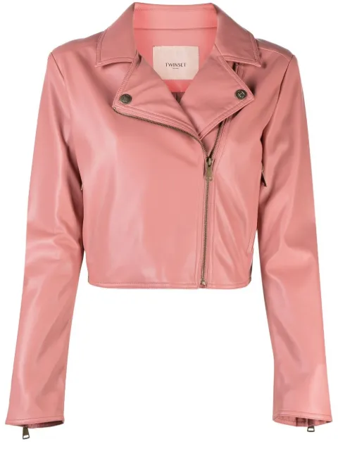 TWINSET off-centre zip fastening biker jacket Pink 231TP262A