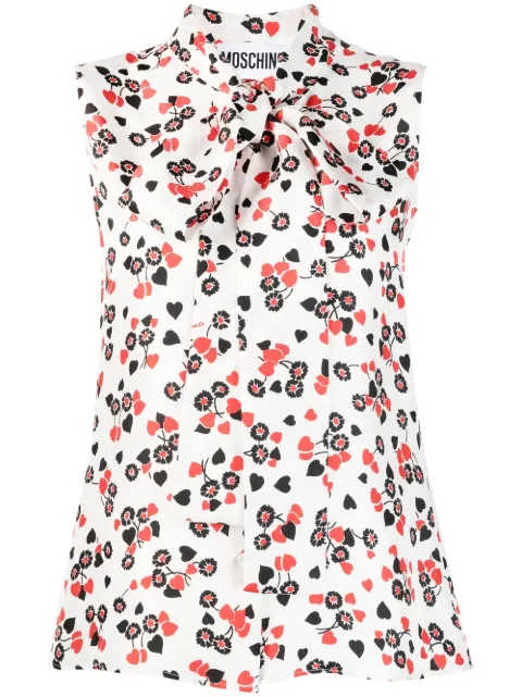 Moschino floral-print pussy-bow collar top White J02090451
