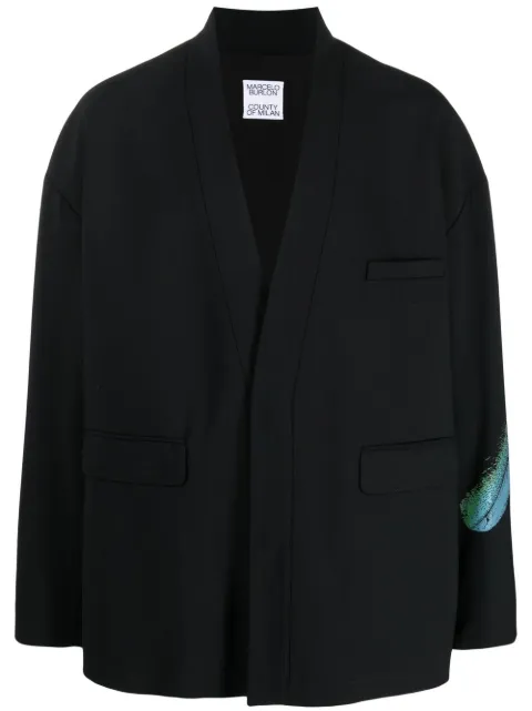 COUNTY OF MILAN feather-print kimono-inspired blazer Black CMEN012S23FAB0011084