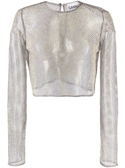 GANNI crystal-embellished cropped mesh blouse Grey F7869