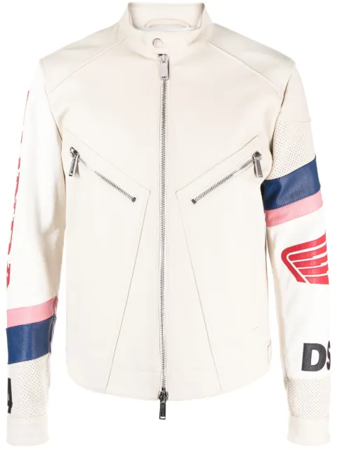 DSQUARED2 logo-patch leather biker jacket Neutrals S71AN0452SY1628