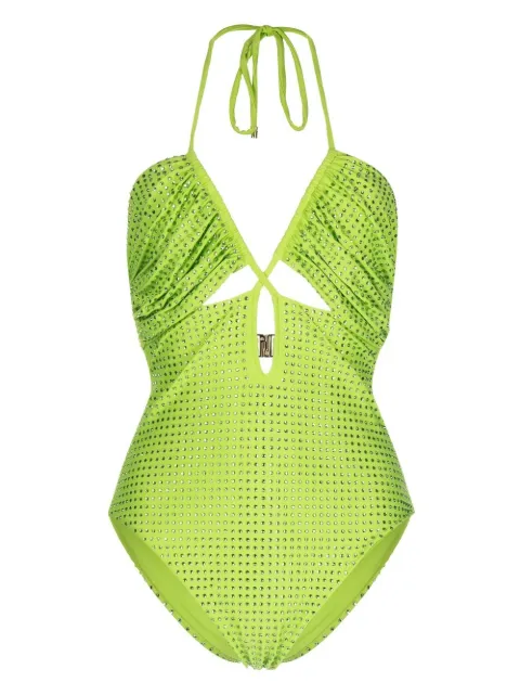 Self-Portrait Hot-Fix embellished strappy swimsuit Green RS23603G