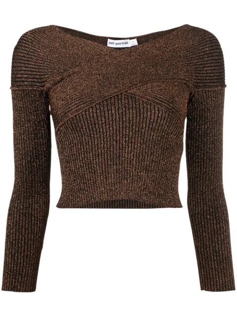 Self-Portrait off-shoulder metallic knitted top Brown RS23090TBR