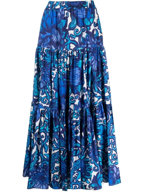 La DoubleJ graphic-print tiered cotton skirt Blue SKI0001COT039ANE01