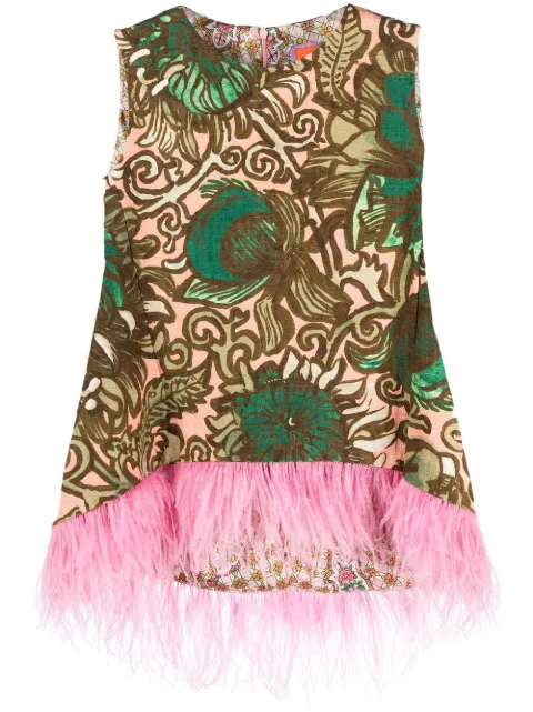 La DoubleJ painterly-print feather-detail top Green TOP0013COT005ANE02