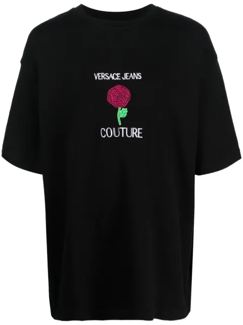 Versace Jeans Couture floral-embroidered cotton T-shirt Black 74GAHI01CJ04I
