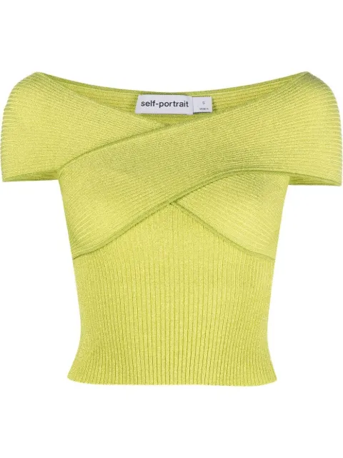Self-Portrait knitted off-shoulder top Green RS23090TG