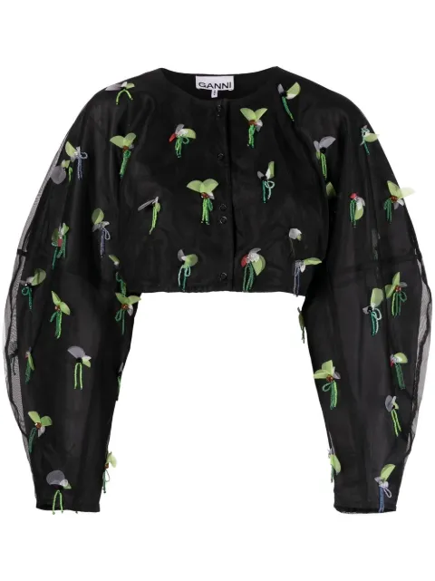 GANNI bead-embellished cropped blouse Black F7572