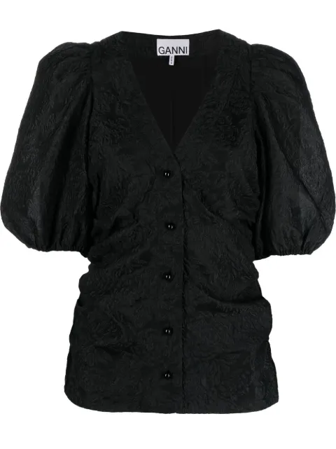 GANNI puff-sleeve jacquard blouse Black F7450