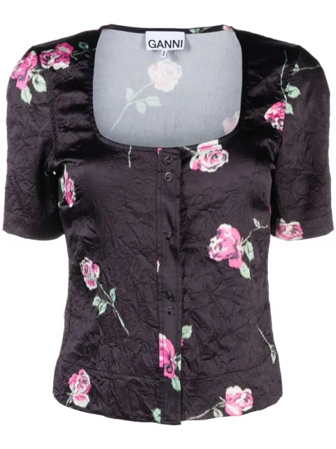 GANNI floral-print crinkled satin blouse Black F7641