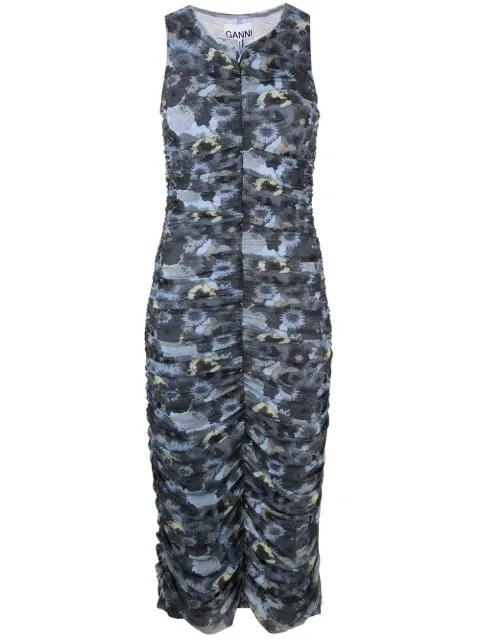 GANNI floral-print ruched midi dress Blue T3340