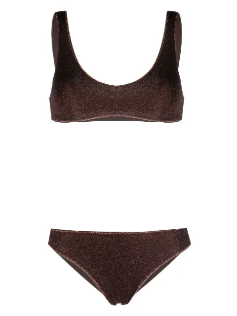 Oséree metallic-thread scoop bikini Brown LSS205