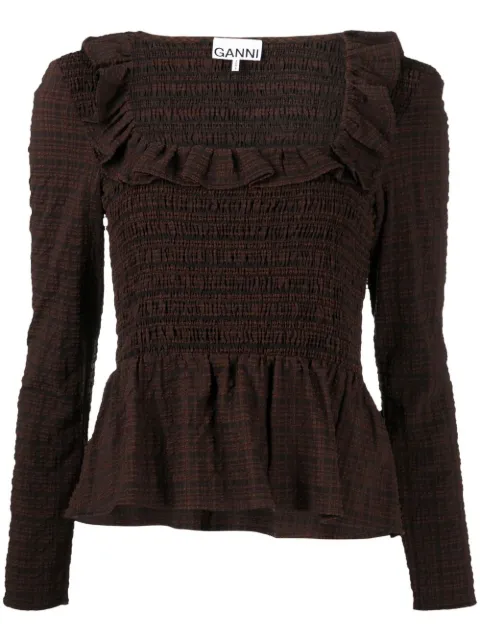 GANNI smocked seersucker blouse Brown F7432