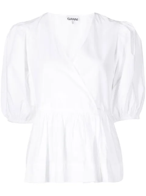 GANNI organic cotton wrap blouse White F7607