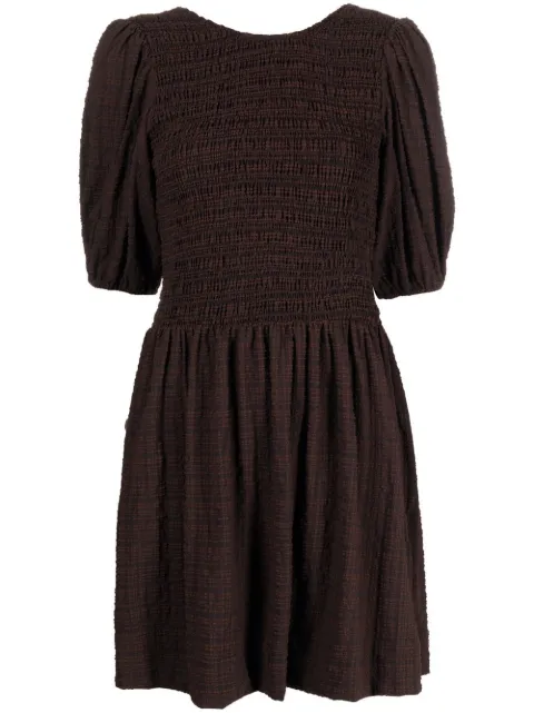 GANNI striped smocked mini dress Brown F7603