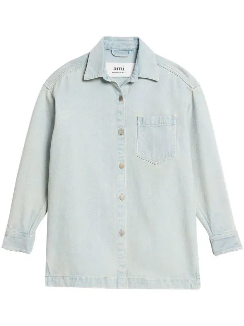 AMI Paris logo-print denim overshirt Blue UJK221DE0002