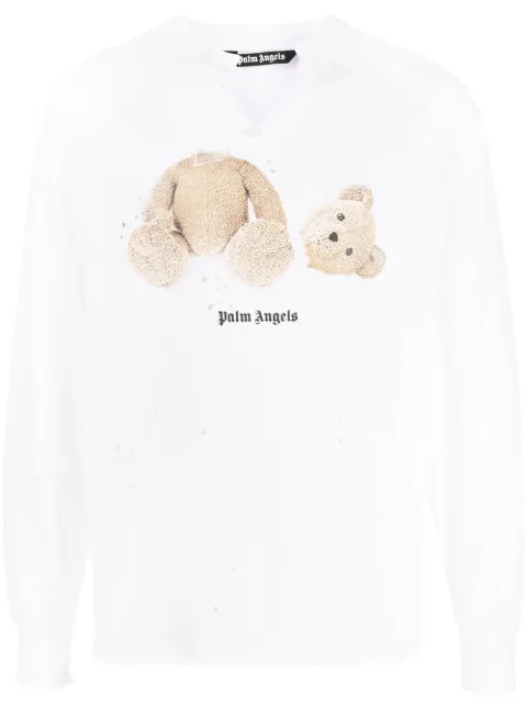 Palm Angels Bear-print distressed-effect T-shirt White PMAB040S23JER0010160