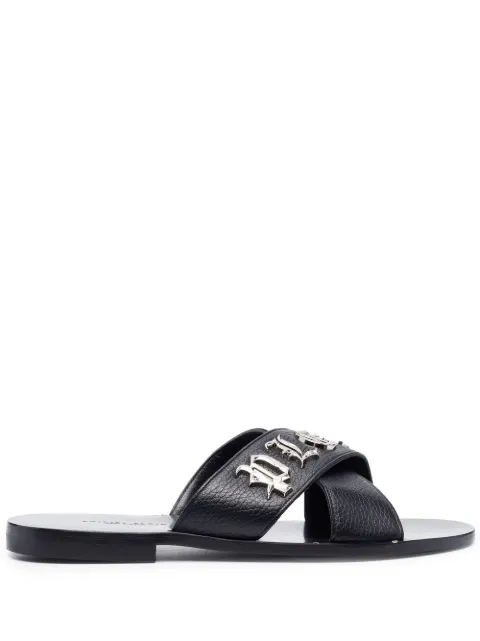 Philipp Plein cross-strap leather slides Black PACSMSA0205PLE010N