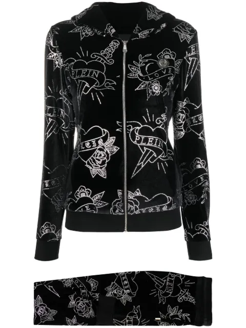 Philipp Plein heart velvet tracksuit set Black PACCWRJ0023PTE003N