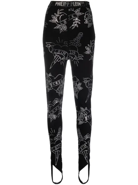 Philipp Plein Love-print stirrup leggings Black PACCWRT1367PTE003N