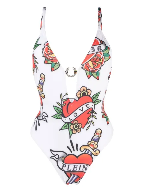Philipp Plein graphic-print swimsuit White PACCWMX0229PTE003N