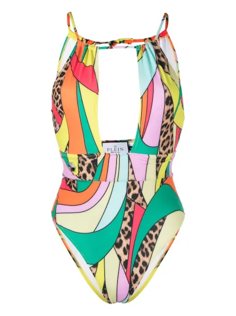 Philipp Plein rainbow patchwork-print monokini Green PACCWMX0243PTE003N