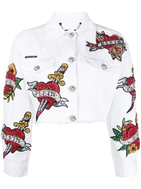 Philipp Plein cropped Love denim jacket White PACCWDB0582PDE004N