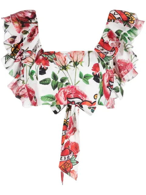 Philipp Plein cropped floral-print blouse White PACCWRK0491PTE012N