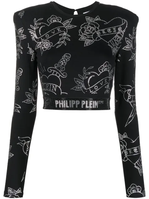 Philipp Plein crystal-embellished long-sleeved top Black PACCWRK0500PTE003N