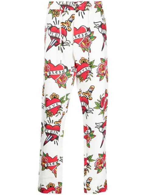 Philipp Plein heart-print linen trousers White PACCMJT2115PTE003N
