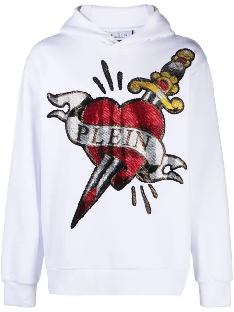 Philipp Plein heart & dagger rhinestone-embellished hoodie White PACCMJB2994PJO002N