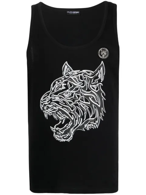 Plein Sport Tiger-print cotton tank top Black PACCMTK6332SJY001N