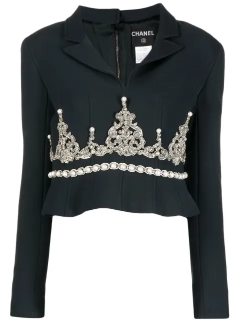 CHANEL Pre-Owned 2002 faux-pearl rhinestone embellished blazer Black CLSM10226851