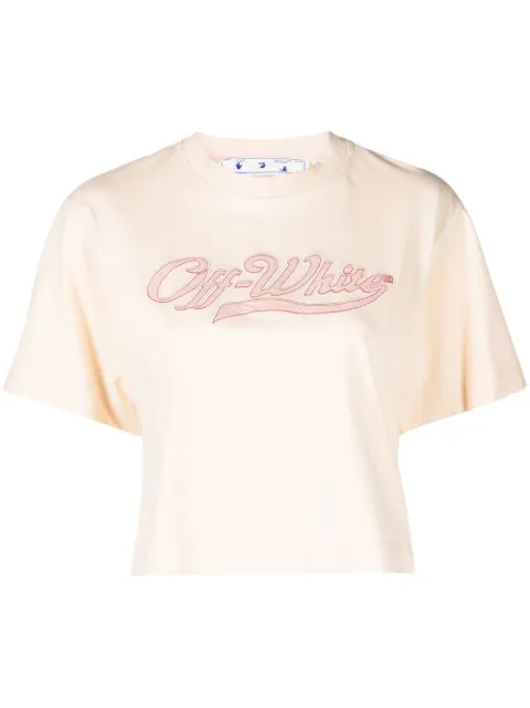 Off-White logo-embroidered cropped T-shirt Neutrals OWAA090S23JER0043132