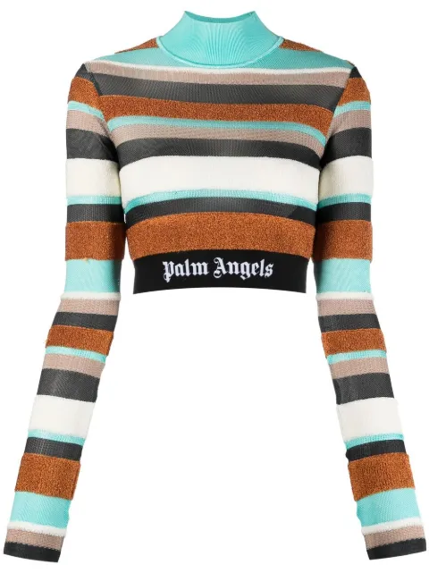 Palm Angels logo-waistband striped turtleneck top Blue PWHF022S23KNI0018410