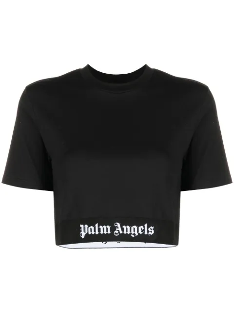 Palm Angels logo-tape cropped T-shirt Black PWAA051C99JER0011001