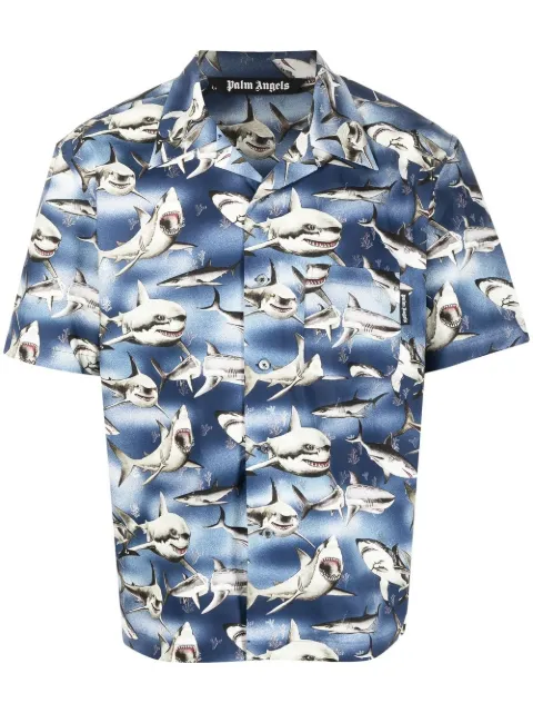 Palm Angels Sharks-print bowling shirt Blue PMGA110S23FAB0054510