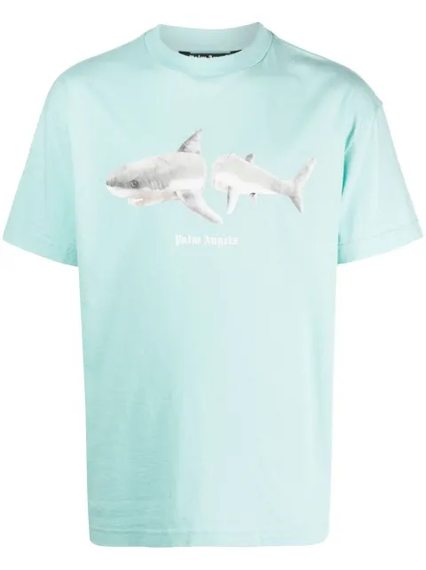 Palm Angels Shark-print organic cotton T-shirt Blue PMAA001S23JER0054001