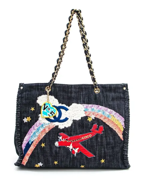 CHANEL Pre-Owned 2006 Airplane denim chain tote bag Blue FF0029