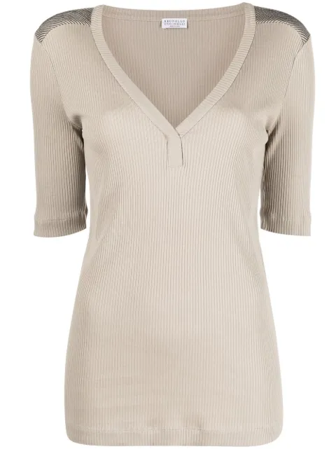 Brunello Cucinelli ribbed V-neck T-shirt Neutrals MH990BE422C8695