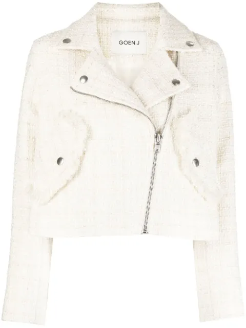 Goen.J tweed cropped biker jacket White GNJ22AWJK05