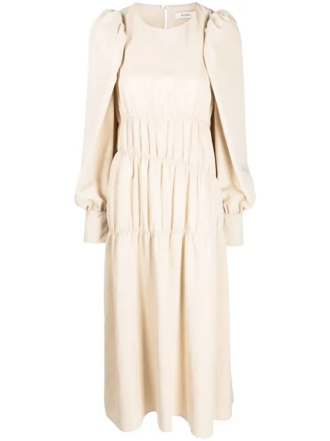 Goen.J ruched puffed-sleeve midi dress Neutrals GNJ22AWDS02