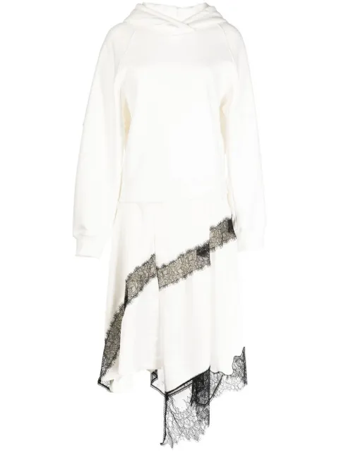 Goen.J lace-trim hooded asymmetric midi dress White GNJ22AWDS10