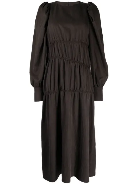 Goen.J ruched puffed-sleeve midi dress Brown GNJ22AWDS02