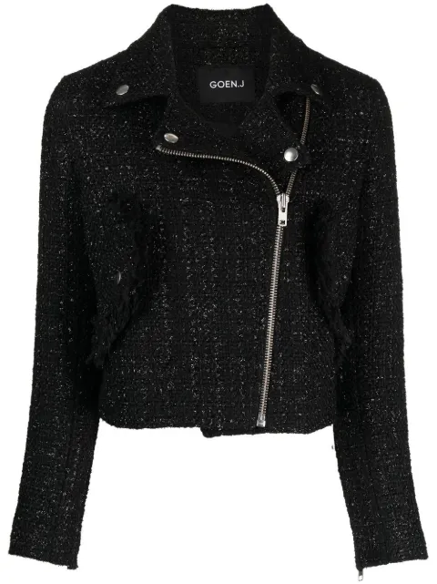 Goen.J tweed cropped biker jacket Black GNJ22AWJK05