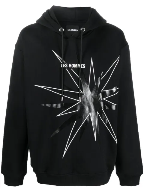 LES HOMMES logo star-print drawstring hoodie Black LF2252020741