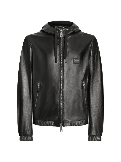 Dolce & Gabbana logo-tag hooded leather jacket Black G9ZY6LHULR0N0000